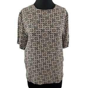 VTG Quo-Silk Brown Brown Diamond Geometric Short Sleeve Blouse Top Vintage M